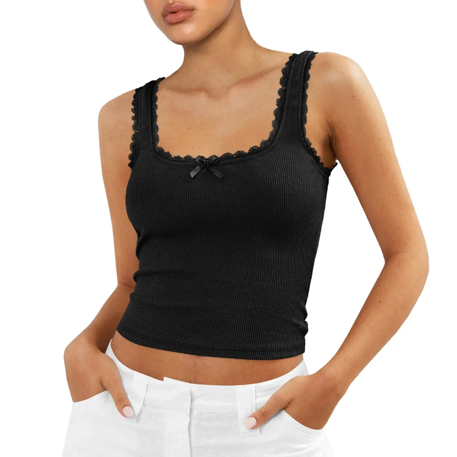 Tank Tops Slim Fit Scoop Neck Backless Lace Trim 3D Bow Ribbed Cami Crop Tank Women's Top