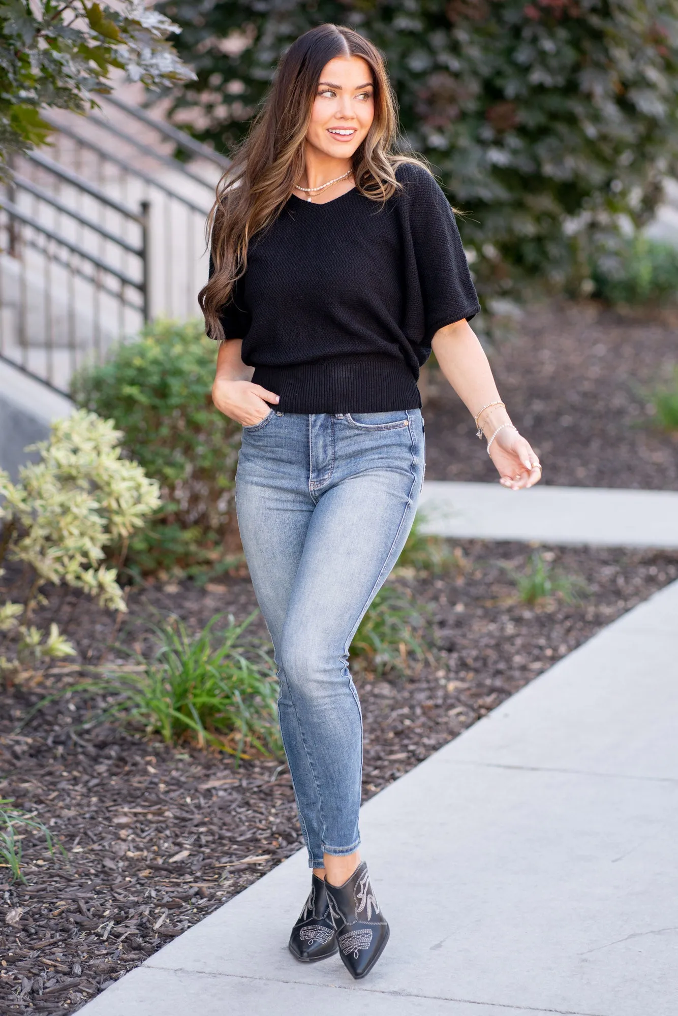 V-Neck Short Sleeve Dolman Sweater